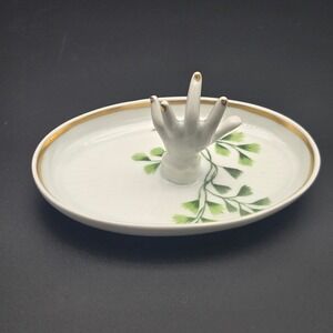 Vintage Porcelain Mini Hand Ring Holder Dish White Gold Trim Made in France 5"